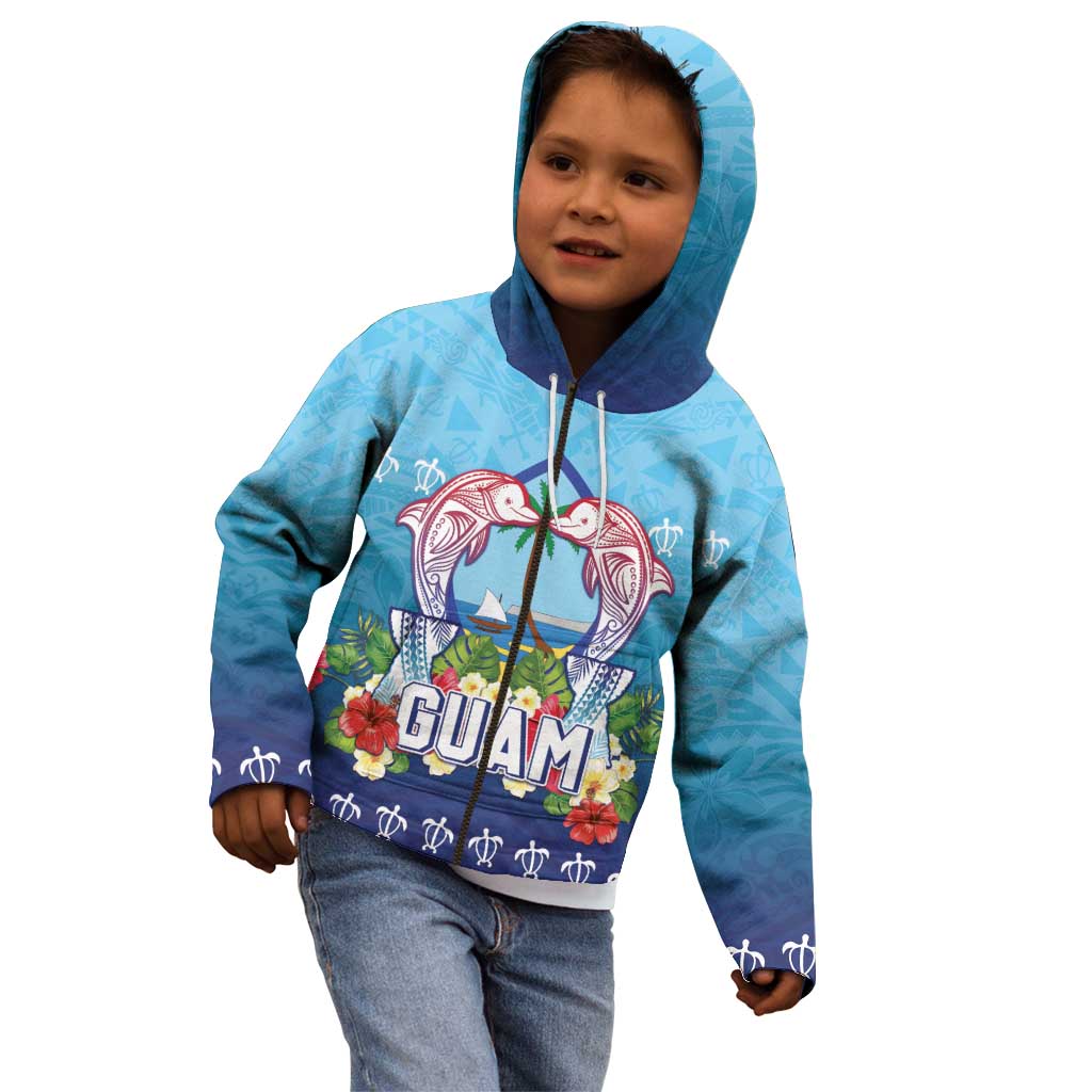 Guam Chamorro Kid Hoodie Tribal Latte Stone With Dolphins Blue