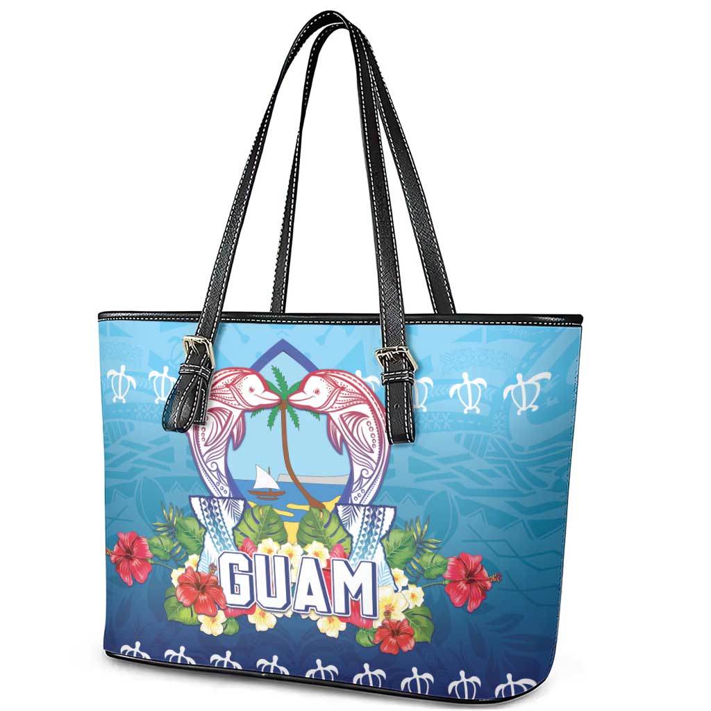 Guam Chamorro Leather Tote Bag Tribal Latte Stone With Dolphins Blue