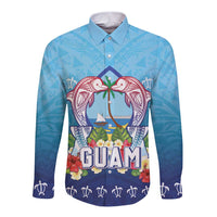 Guam Chamorro Long Sleeve Button Shirt Tribal Latte Stone With Dolphins Blue