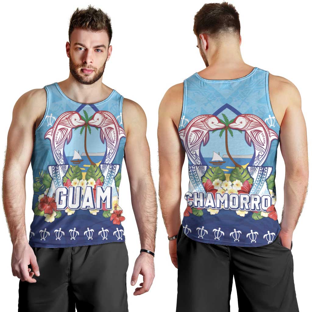 Guam Chamorro Men Tank Top Tribal Latte Stone With Dolphins Blue
