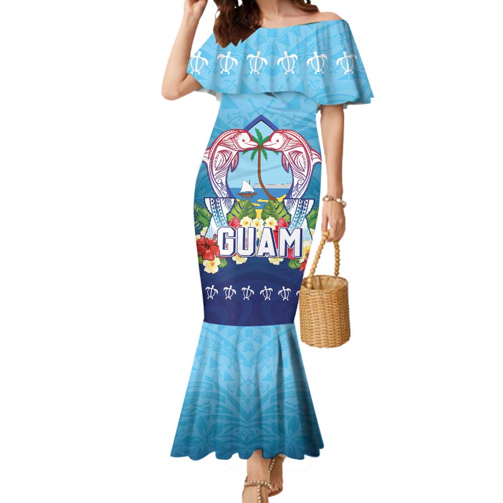 Guam Chamorro Mermaid Dress Tribal Latte Stone With Dolphins Blue