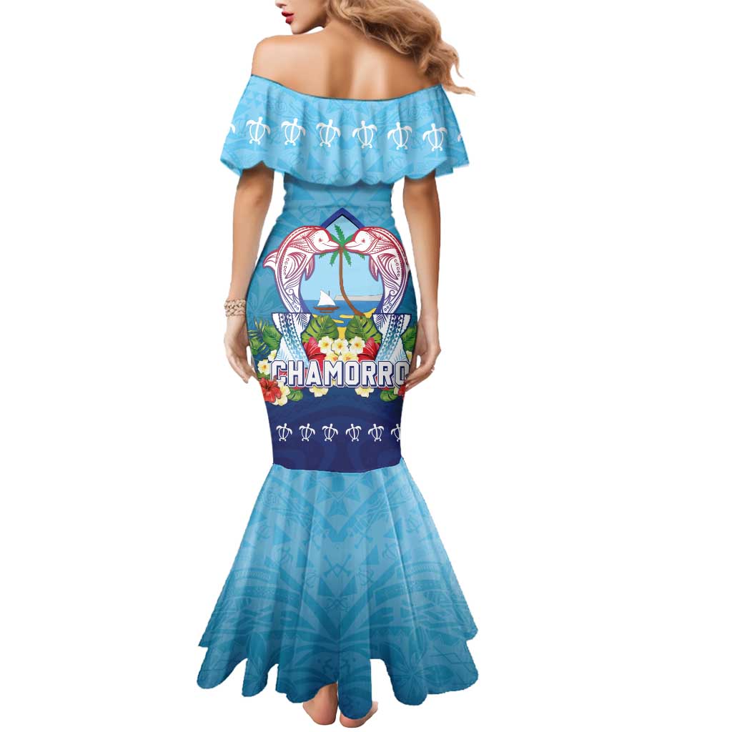 Guam Chamorro Mermaid Dress Tribal Latte Stone With Dolphins Blue