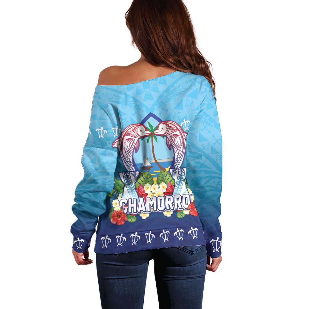 Guam Chamorro Off Shoulder Sweater Tribal Latte Stone With Dolphins Blue