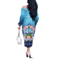 Guam Chamorro Off The Shoulder Long Sleeve Dress Tribal Latte Stone With Dolphins Blue