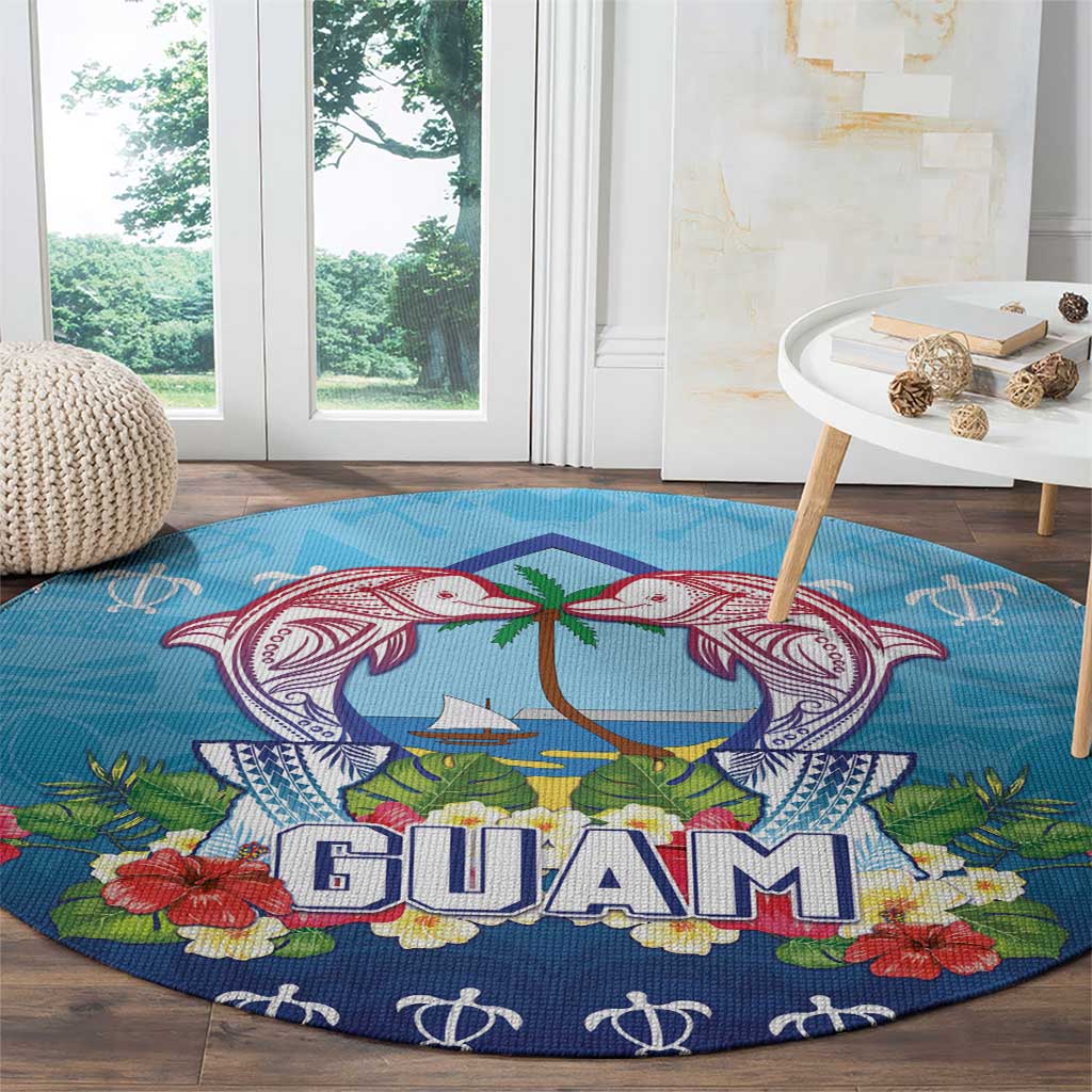 Guam Chamorro Round Carpet Tribal Latte Stone With Dolphins Blue