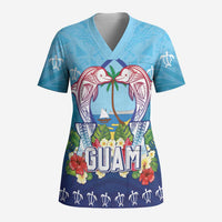 Guam Chamorro Scrub Top Tribal Latte Stone With Dolphins Blue - Polynesian Pride