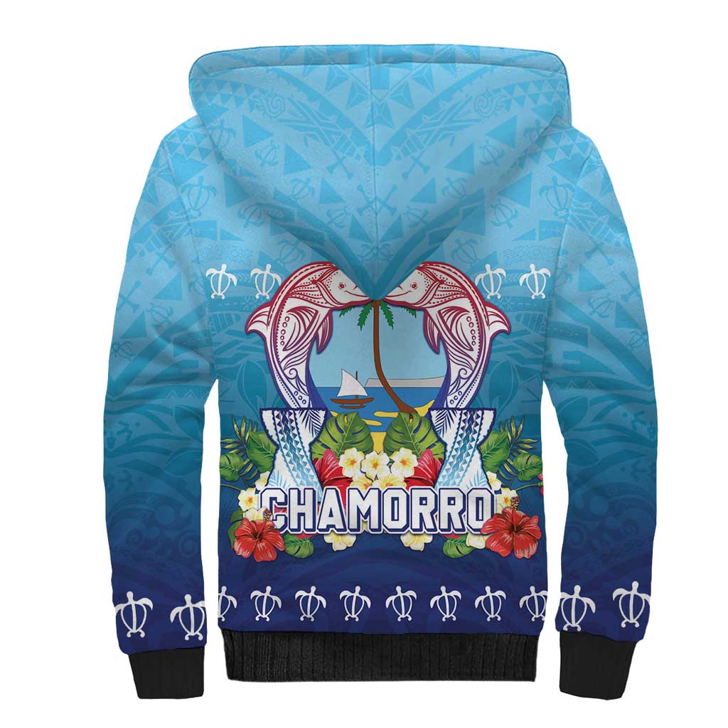 Guam Chamorro Sherpa Hoodie Tribal Latte Stone With Dolphins Blue