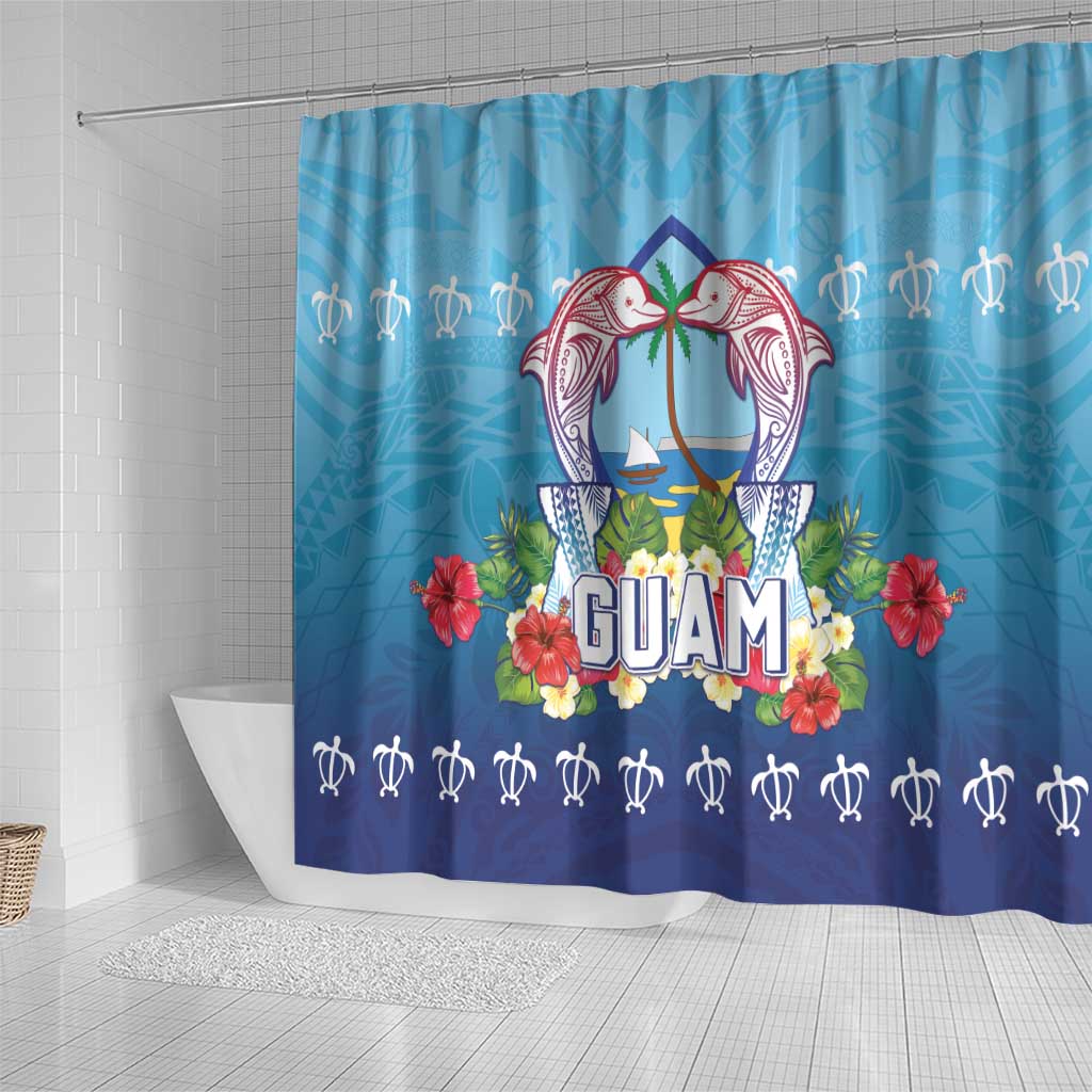 Guam Chamorro Shower Curtain Tribal Latte Stone With Dolphins Blue