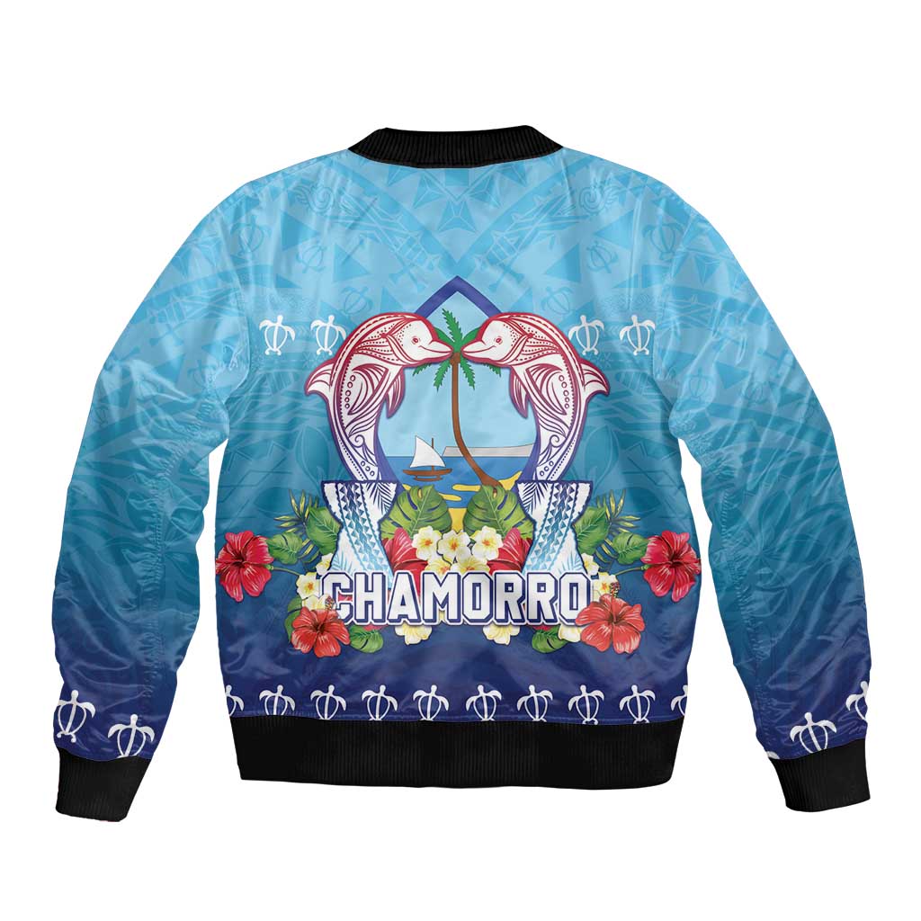 Guam Chamorro Sleeve Zip Bomber Jacket Tribal Latte Stone With Dolphins Blue