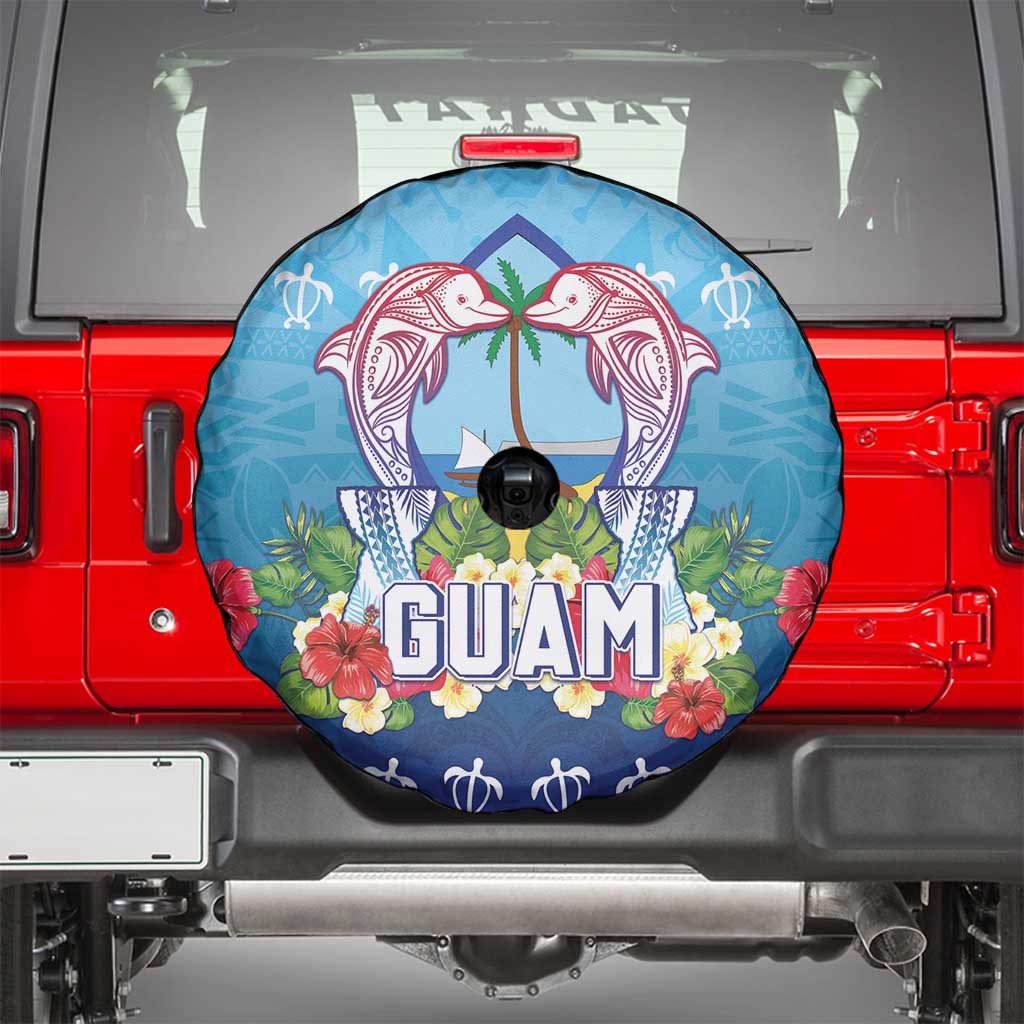 Guam Chamorro Spare Tire Cover Tribal Latte Stone With Dolphins Blue