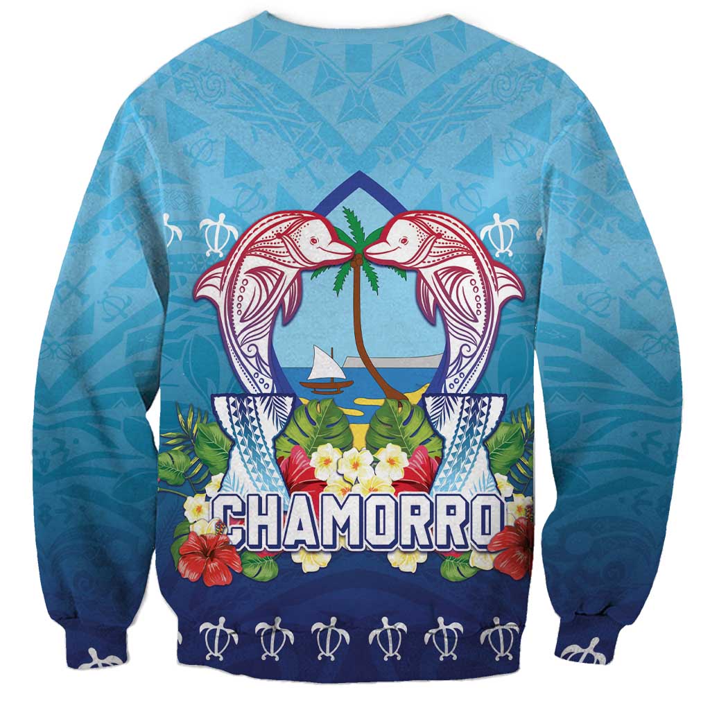 Guam Chamorro Sweatshirt Tribal Latte Stone With Dolphins Blue