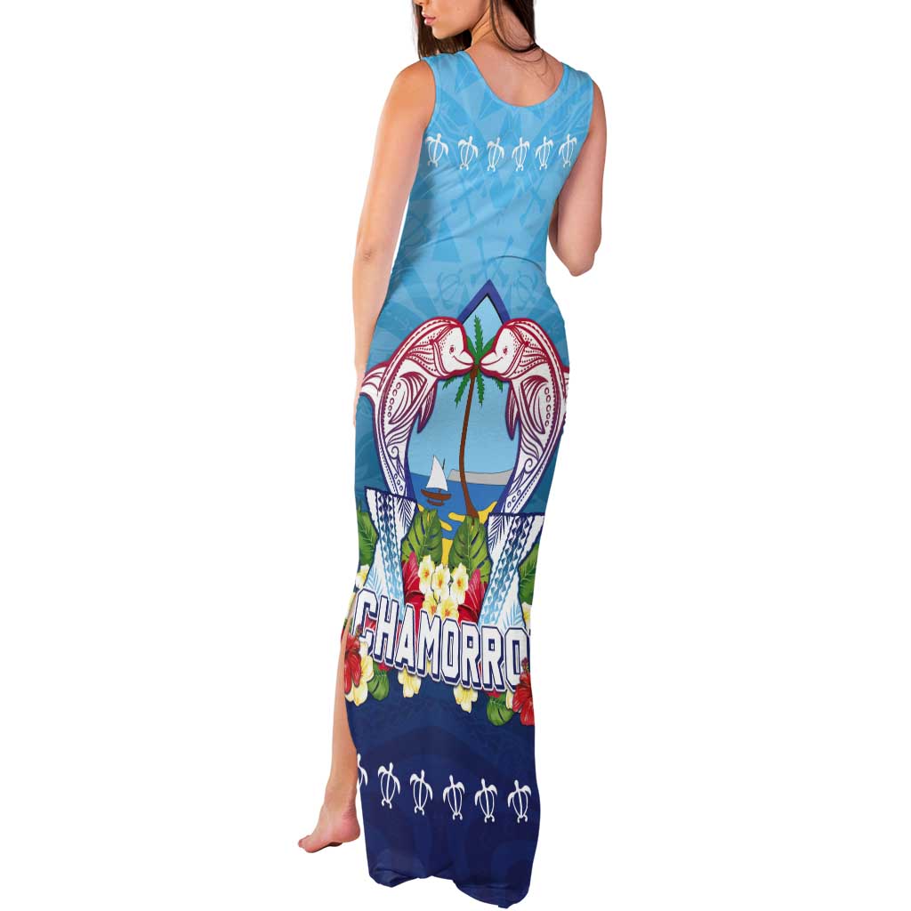 Guam Chamorro Tank Maxi Dress Tribal Latte Stone With Dolphins Blue