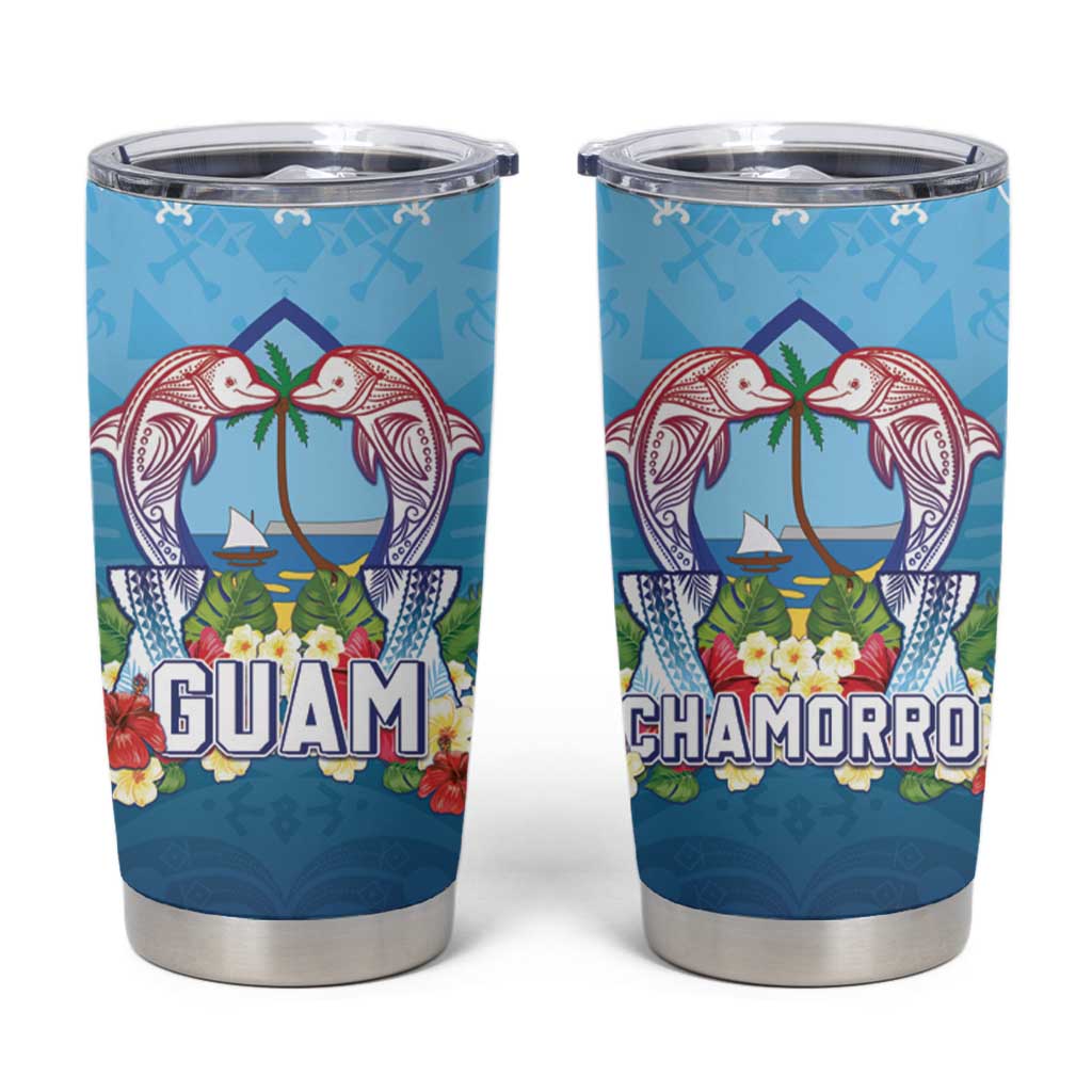 Guam Chamorro Tumbler Cup Tribal Latte Stone With Dolphins Blue