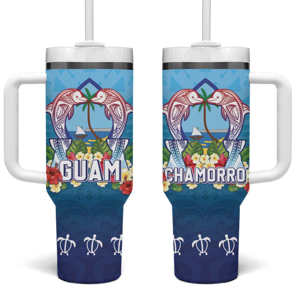 Guam Chamorro Tumbler With Handle Tribal Latte Stone With Dolphins Blue