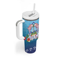 Guam Chamorro Tumbler With Handle Tribal Latte Stone With Dolphins Blue