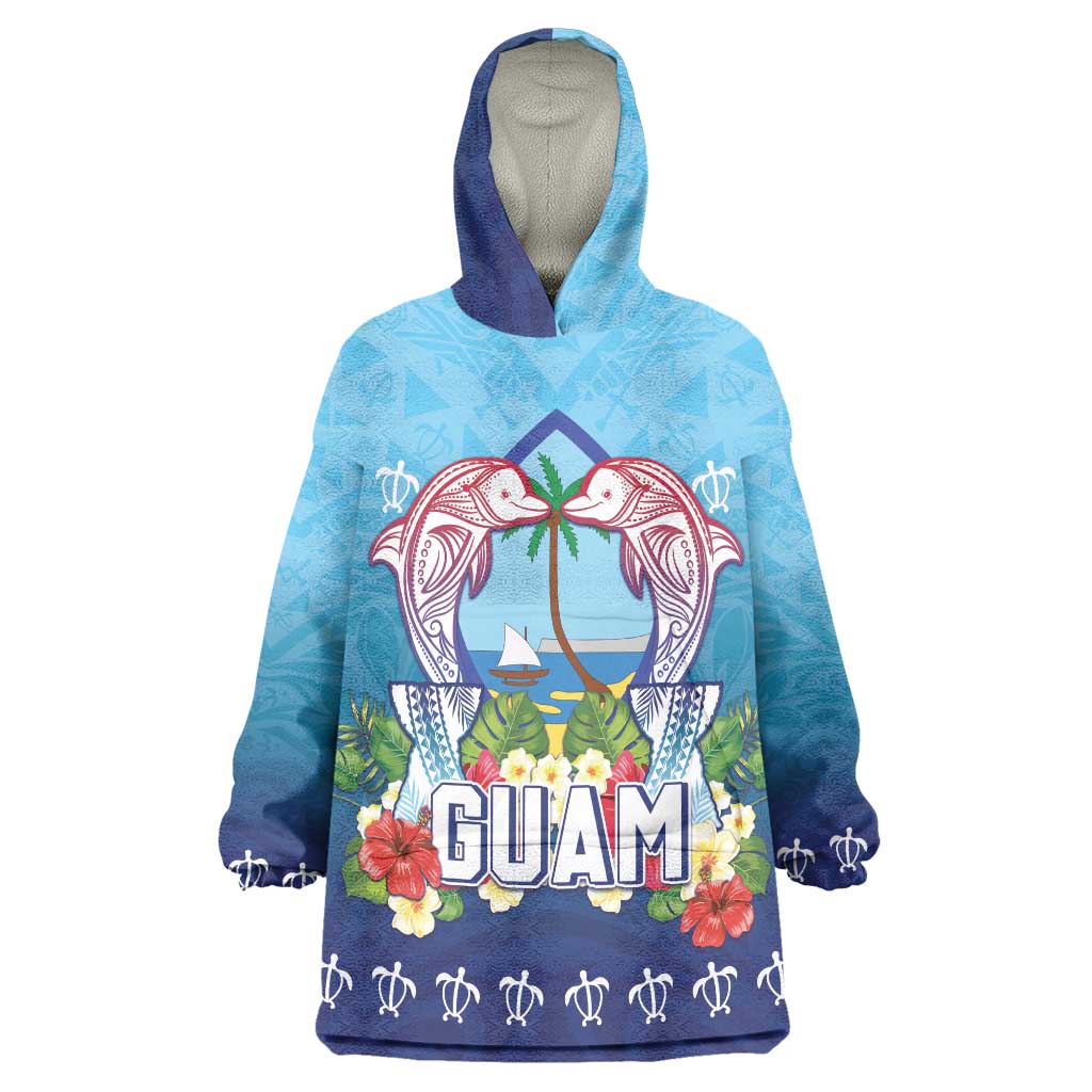 Guam Chamorro Wearable Blanket Hoodie Tribal Latte Stone With Dolphins Blue