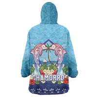 Guam Chamorro Wearable Blanket Hoodie Tribal Latte Stone With Dolphins Blue