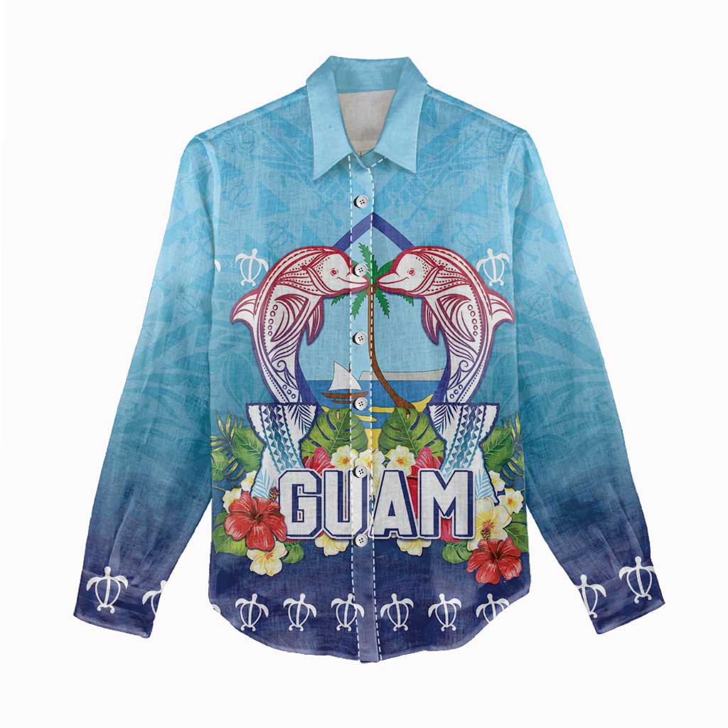 Guam Chamorro Women Casual Shirt Tribal Latte Stone With Dolphins Blue