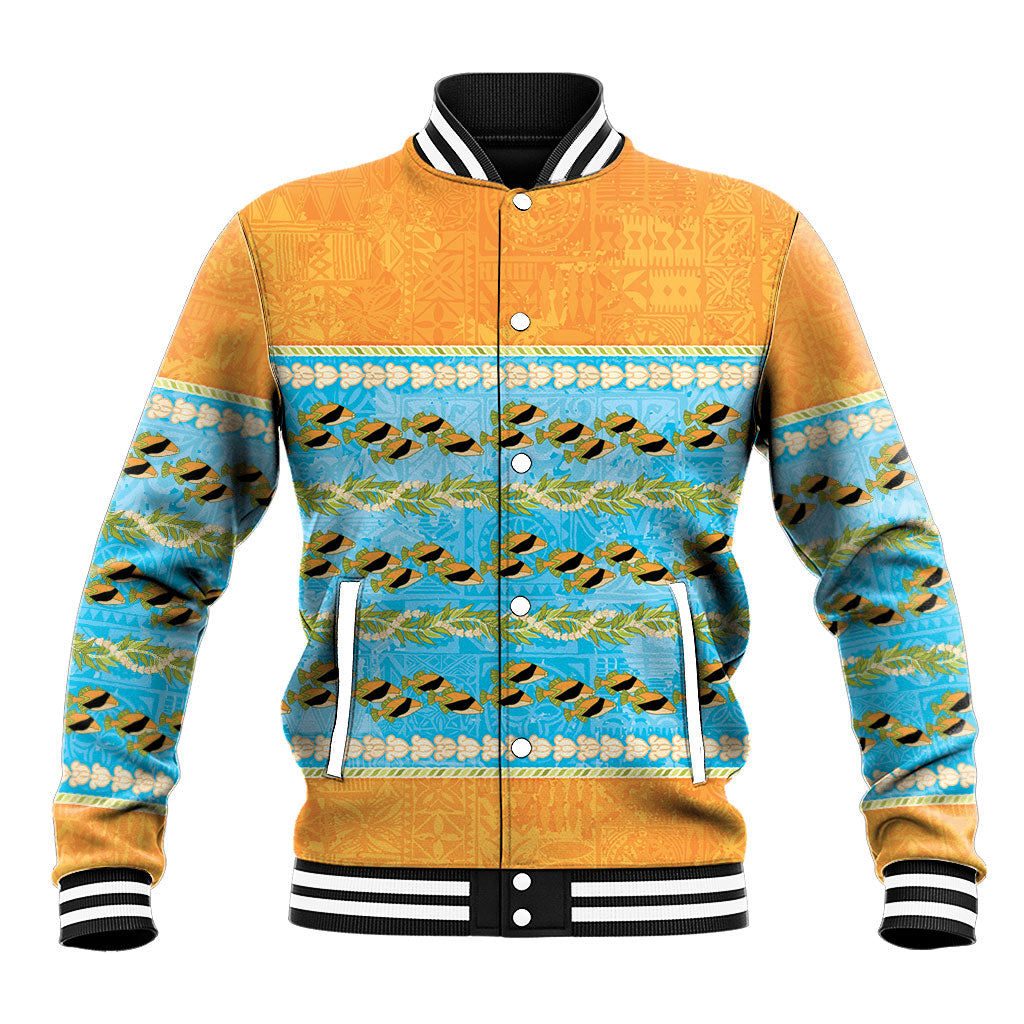Hawaii Humuhumu Fish Maile Pikake Lei Baseball Jacket Tribal Tapa Orange Version
