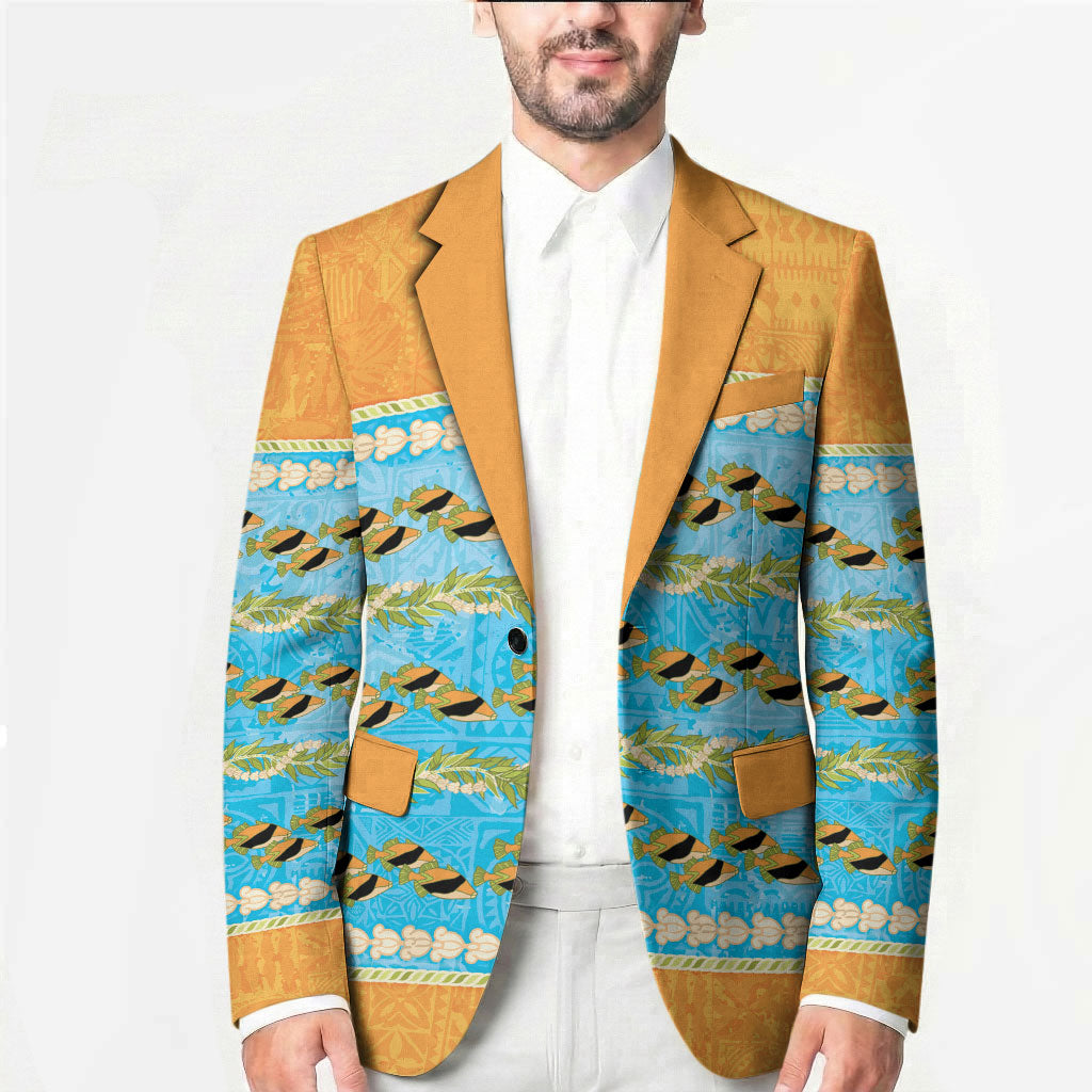 Hawaii Humuhumu Fish Maile Pikake Lei Blazer Tribal Tapa Orange Version