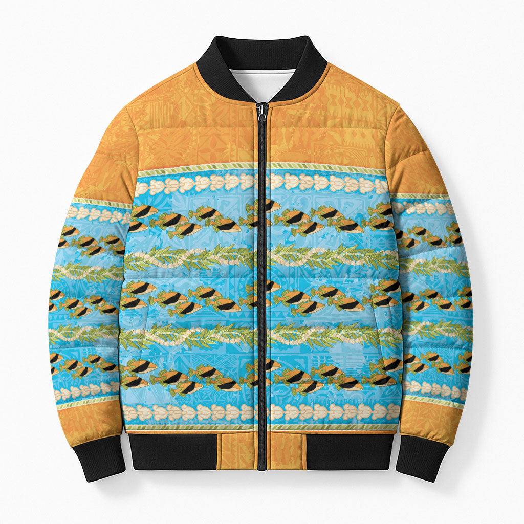 Hawaii Humuhumu Fish Maile Pikake Lei Bomber Puffer Jacket Tribal Tapa Orange Version LT05 Unisex Orange - Polynesian Pride