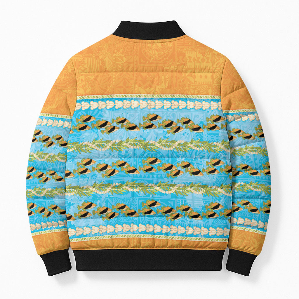 Hawaii Humuhumu Fish Maile Pikake Lei Bomber Puffer Jacket Tribal Tapa Orange Version
