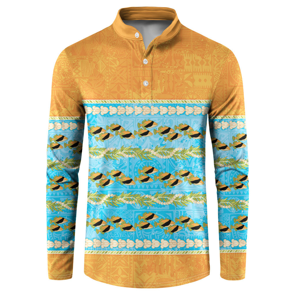 Hawaii Humuhumu Fish Maile Pikake Lei Button Sweatshirt Tribal Tapa Orange Version