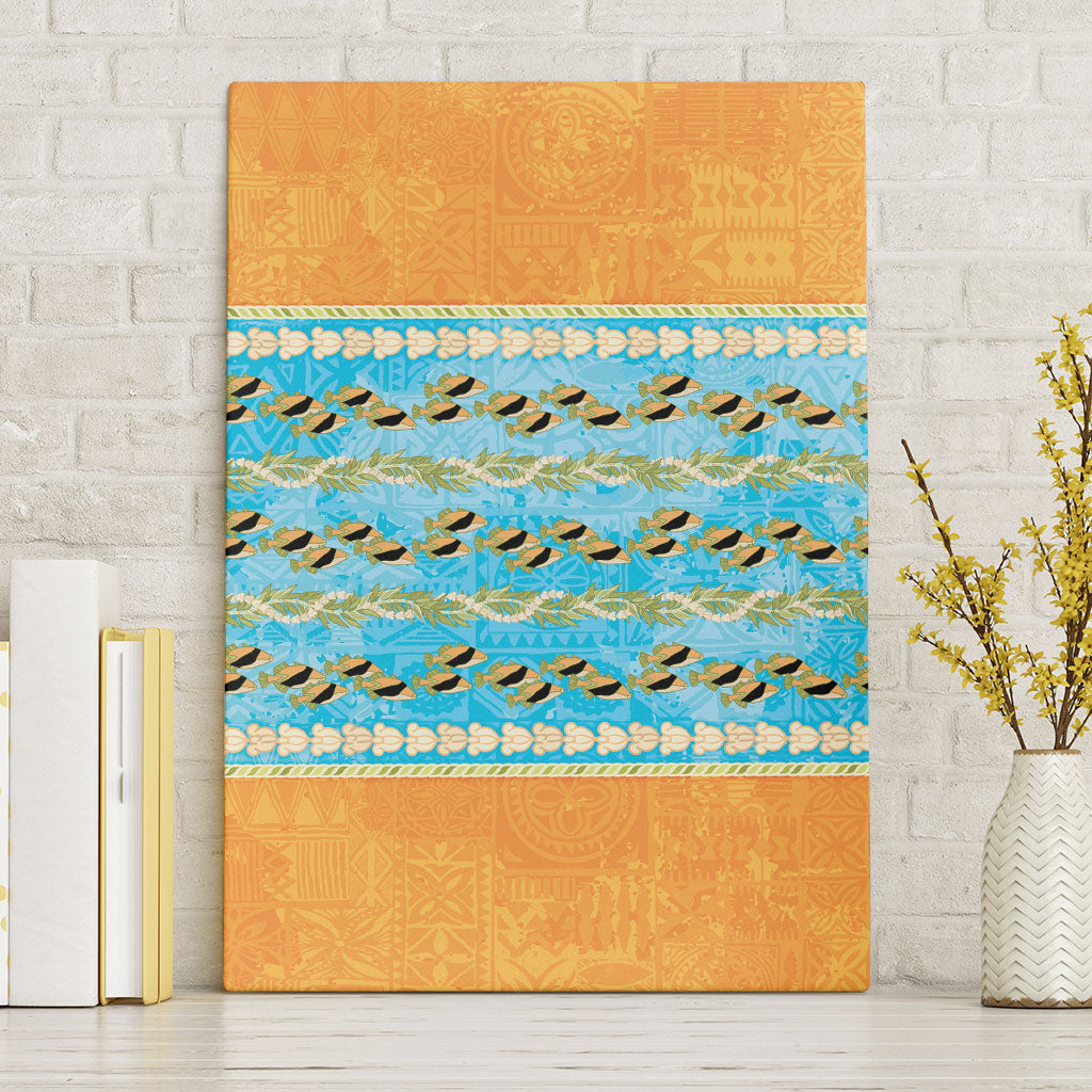 Hawaii Humuhumu Fish Maile Pikake Lei Canvas Wall Art Tribal Tapa Orange Version
