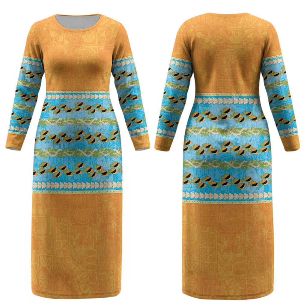 Hawaii Humuhumu Fish Maile Pikake Lei Couples Matching Long Sleeve Bodycon Dress and Hawaiian Shirt Tribal Tapa Orange Version