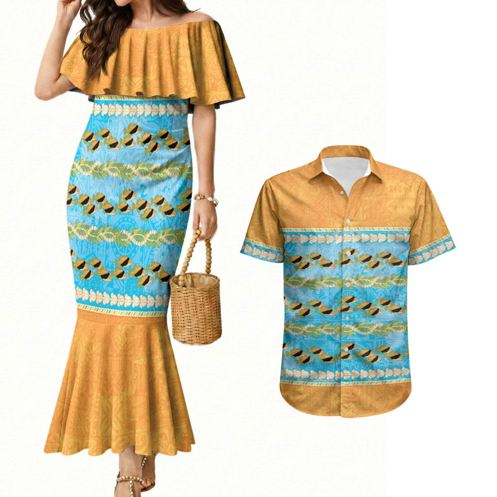 Hawaii Humuhumu Fish Maile Pikake Lei Couples Matching Mermaid Dress and Hawaiian Shirt Tribal Tapa Orange Version LT05 Orange - Polynesian Pride