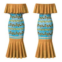 Hawaii Humuhumu Fish Maile Pikake Lei Couples Matching Mermaid Dress and Hawaiian Shirt Tribal Tapa Orange Version