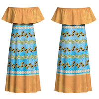 Hawaii Humuhumu Fish Maile Pikake Lei Couples Matching Off Shoulder Maxi Dress and Hawaiian Shirt Tribal Tapa Orange Version