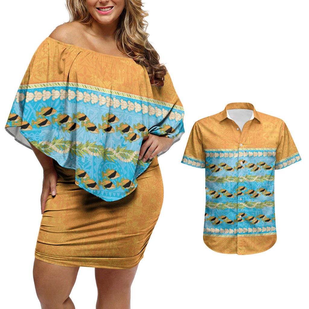 Hawaii Humuhumu Fish Maile Pikake Lei Couples Matching Off Shoulder Short Dress and Hawaiian Shirt Tribal Tapa Orange Version LT05 Orange - Polynesian Pride