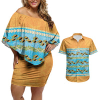Hawaii Humuhumu Fish Maile Pikake Lei Couples Matching Off Shoulder Short Dress and Hawaiian Shirt Tribal Tapa Orange Version