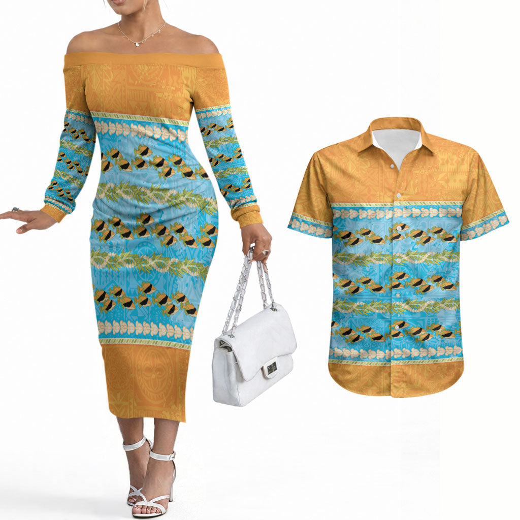 Hawaii Humuhumu Fish Maile Pikake Lei Couples Matching Off The Shoulder Long Sleeve Dress and Hawaiian Shirt Tribal Tapa Orange Version LT05 Orange - Polynesian Pride