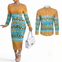 Hawaii Humuhumu Fish Maile Pikake Lei Couples Matching Off The Shoulder Long Sleeve Dress and Long Sleeve Button Shirt Tribal Tapa Orange Version