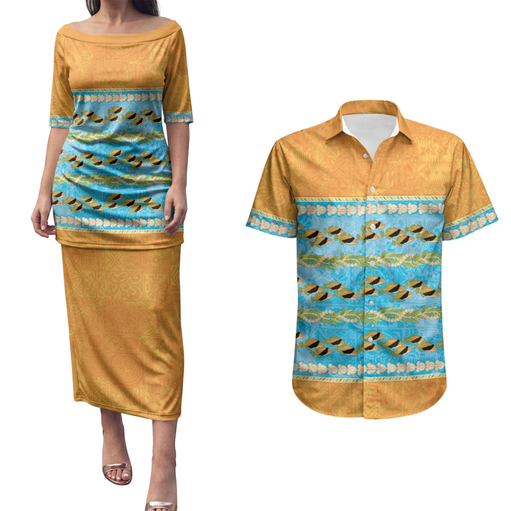 Hawaii Humuhumu Fish Maile Pikake Lei Couples Matching Puletasi and Hawaiian Shirt Tribal Tapa Orange Version LT05 Orange - Polynesian Pride