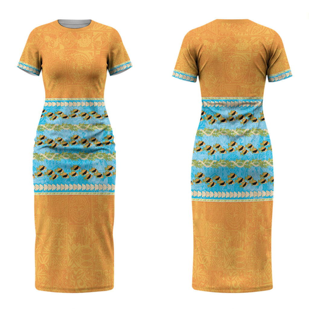 Hawaii Humuhumu Fish Maile Pikake Lei Couples Matching Short Sleeve Bodycon Dress and Long Sleeve Button Shirt Tribal Tapa Orange Version