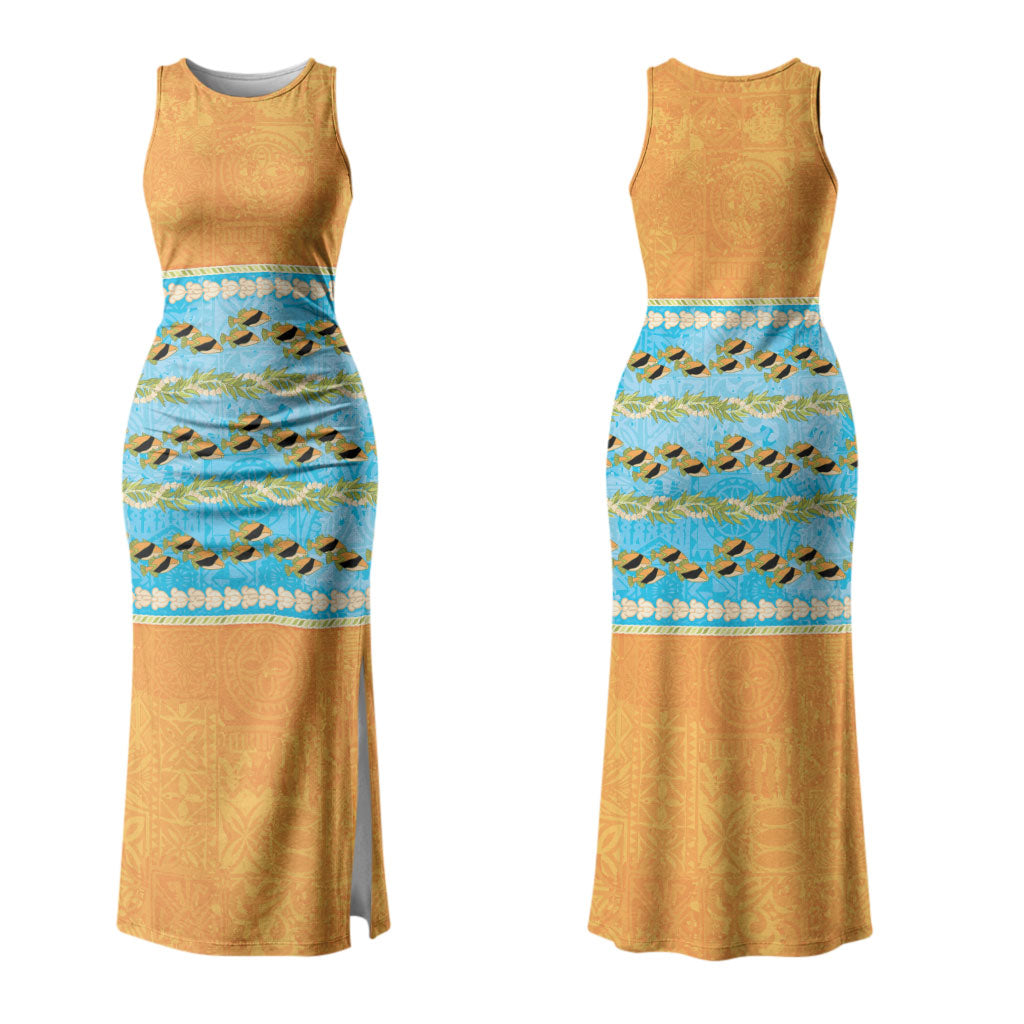 Hawaii Humuhumu Fish Maile Pikake Lei Couples Matching Tank Maxi Dress and Hawaiian Shirt Tribal Tapa Orange Version