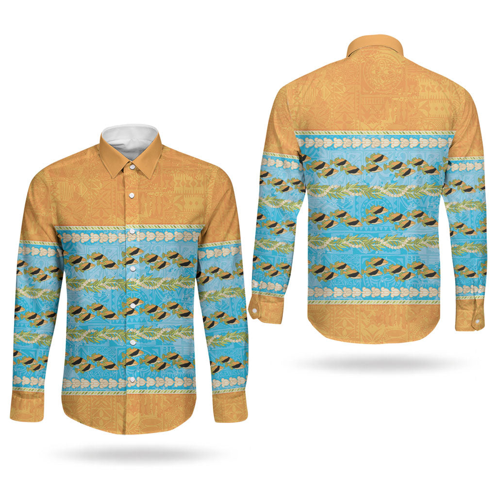 Hawaii Humuhumu Fish Maile Pikake Lei Couples Matching Tank Maxi Dress and Long Sleeve Button Shirt Tribal Tapa Orange Version