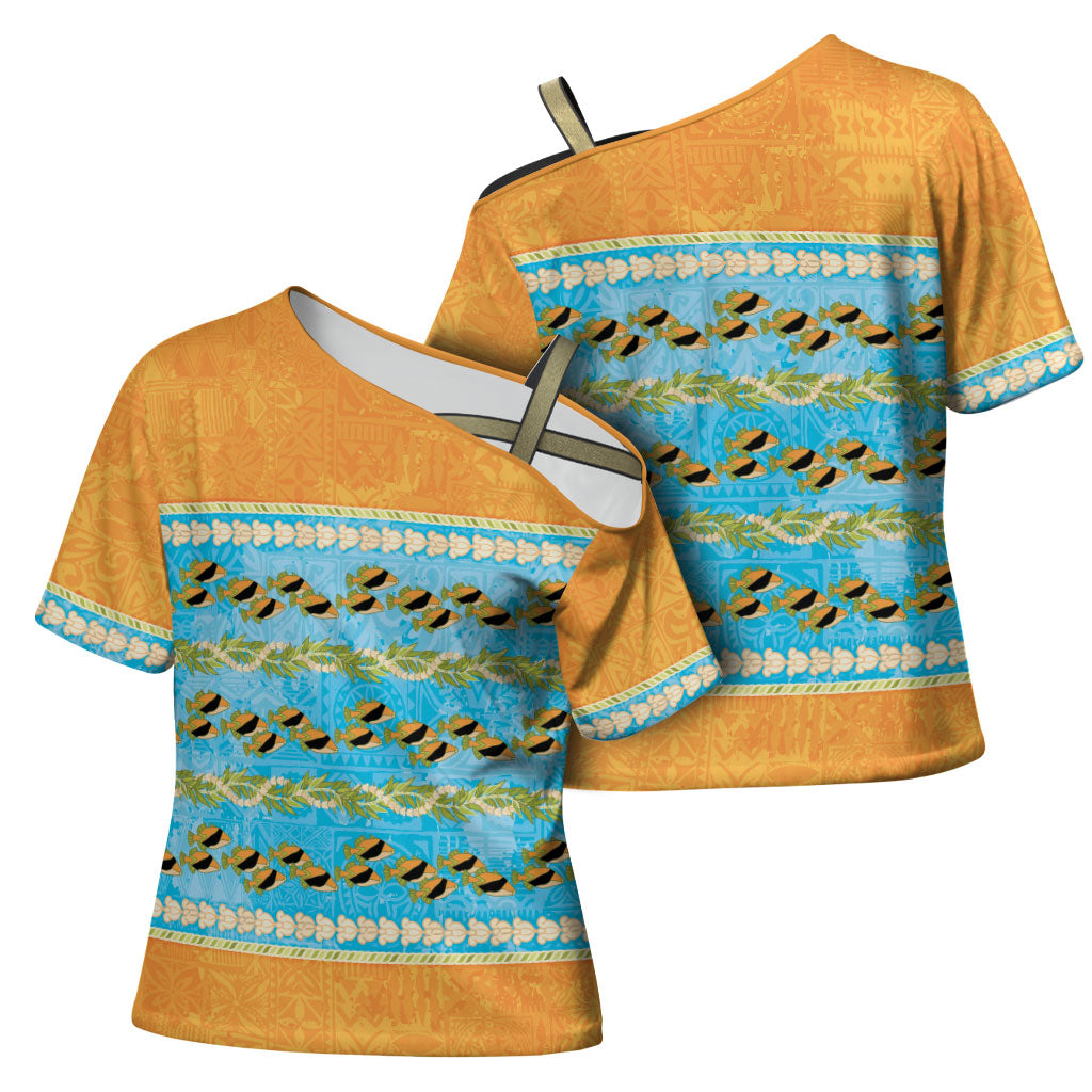Hawaii Humuhumu Fish Maile Pikake Lei Cross Shoulder Shirt Tribal Tapa Orange Version