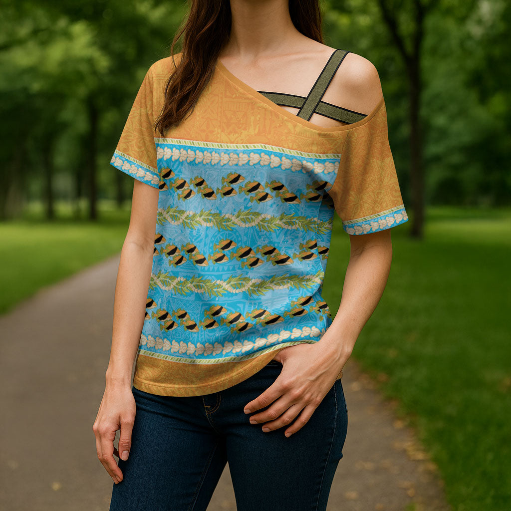 Hawaii Humuhumu Fish Maile Pikake Lei Cross Shoulder Shirt Tribal Tapa Orange Version