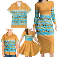 Hawaii Humuhumu Fish Maile Pikake Lei Family Matching Long Sleeve Bodycon Dress and Hawaiian Shirt Tribal Tapa Orange Version