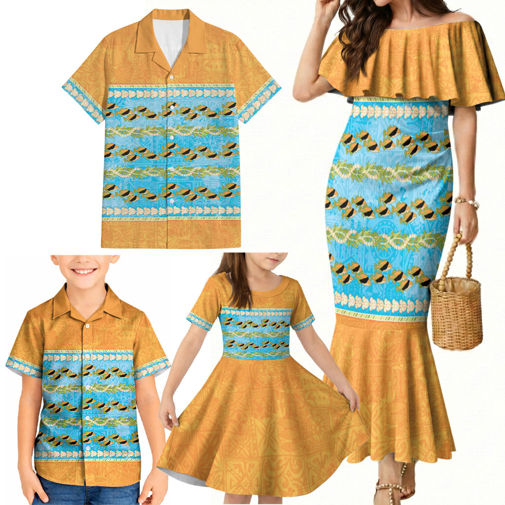 Hawaii Humuhumu Fish Maile Pikake Lei Family Matching Mermaid Dress and Hawaiian Shirt Tribal Tapa Orange Version LT05 - Polynesian Pride
