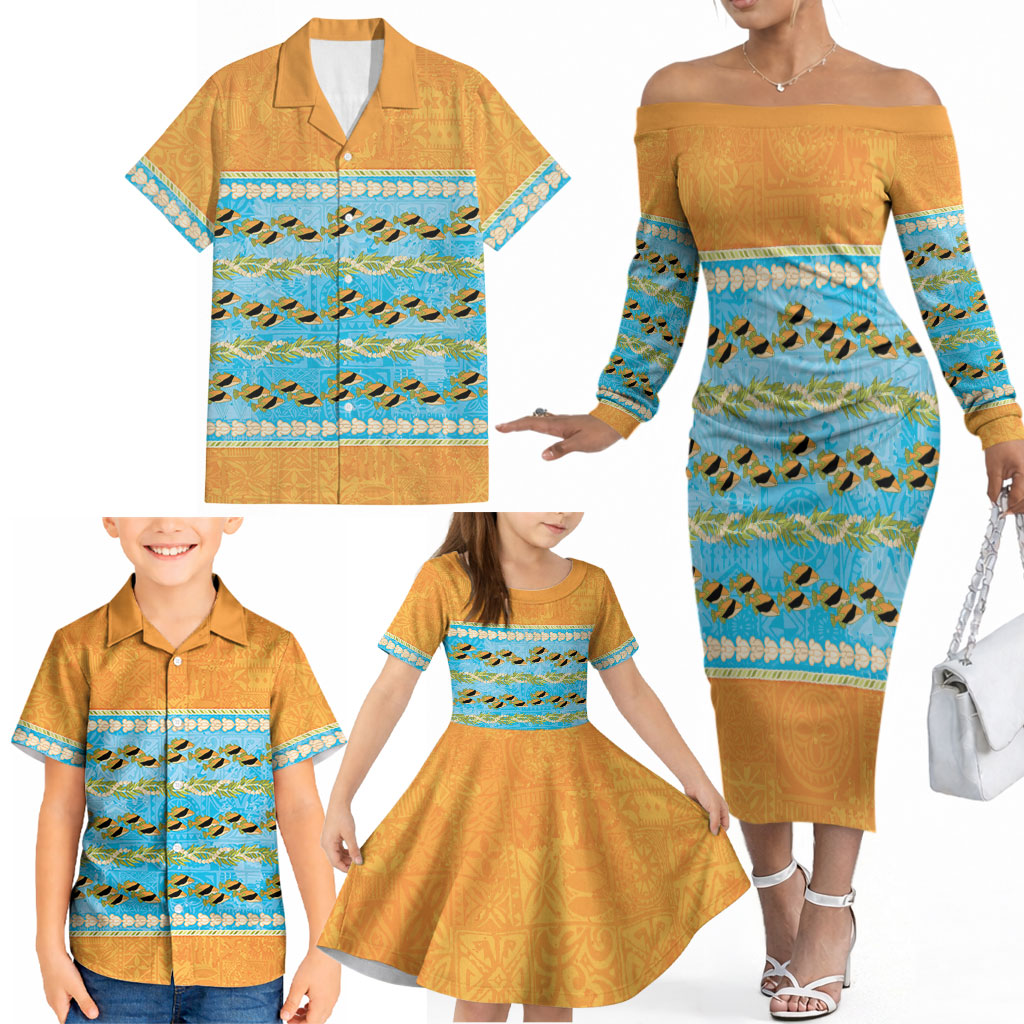 Hawaii Humuhumu Fish Maile Pikake Lei Family Matching Off The Shoulder Long Sleeve Dress and Hawaiian Shirt Tribal Tapa Orange Version