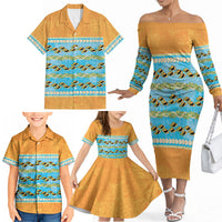 Hawaii Humuhumu Fish Maile Pikake Lei Family Matching Off The Shoulder Long Sleeve Dress and Hawaiian Shirt Tribal Tapa Orange Version