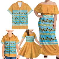 Hawaii Humuhumu Fish Maile Pikake Lei Family Matching Off Shoulder Maxi Dress and Hawaiian Shirt Tribal Tapa Orange Version