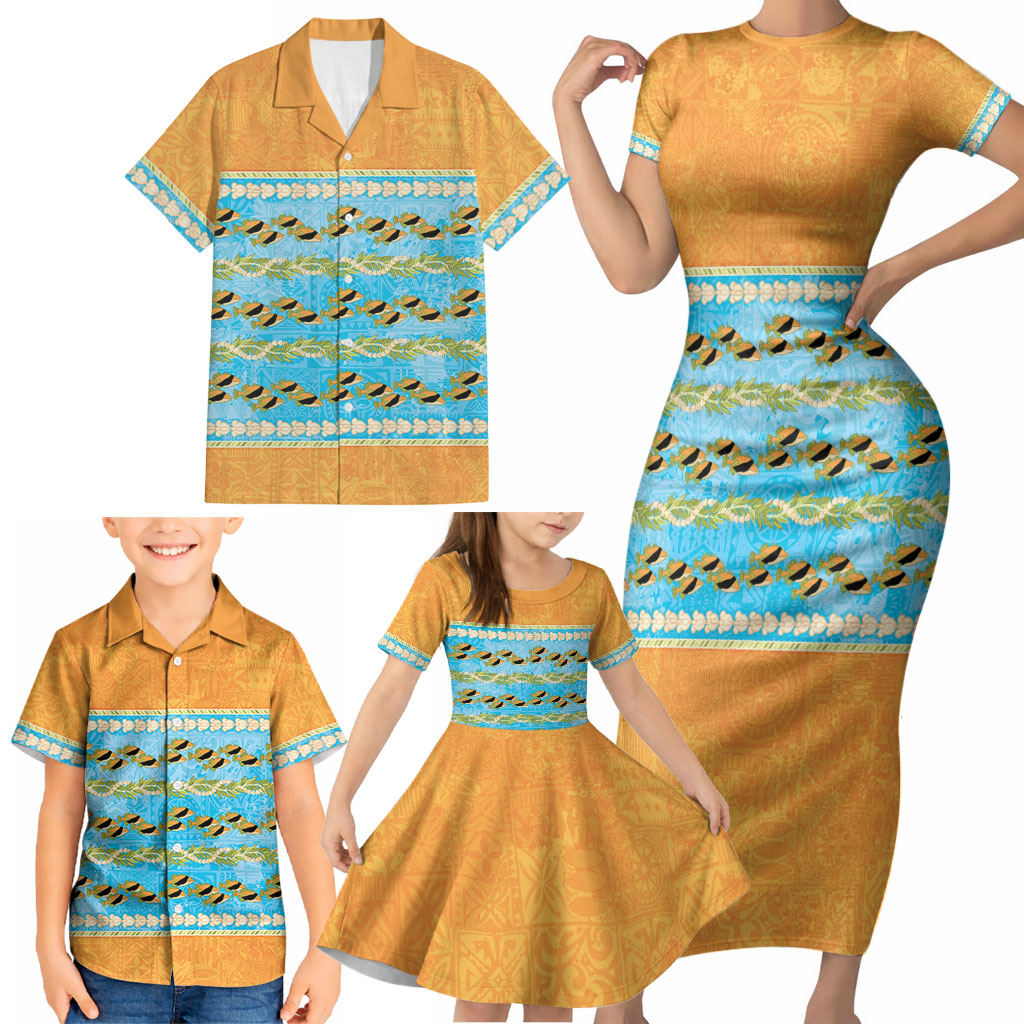 Hawaii Humuhumu Fish Maile Pikake Lei Family Matching Short Sleeve Bodycon Dress and Hawaiian Shirt Tribal Tapa Orange Version