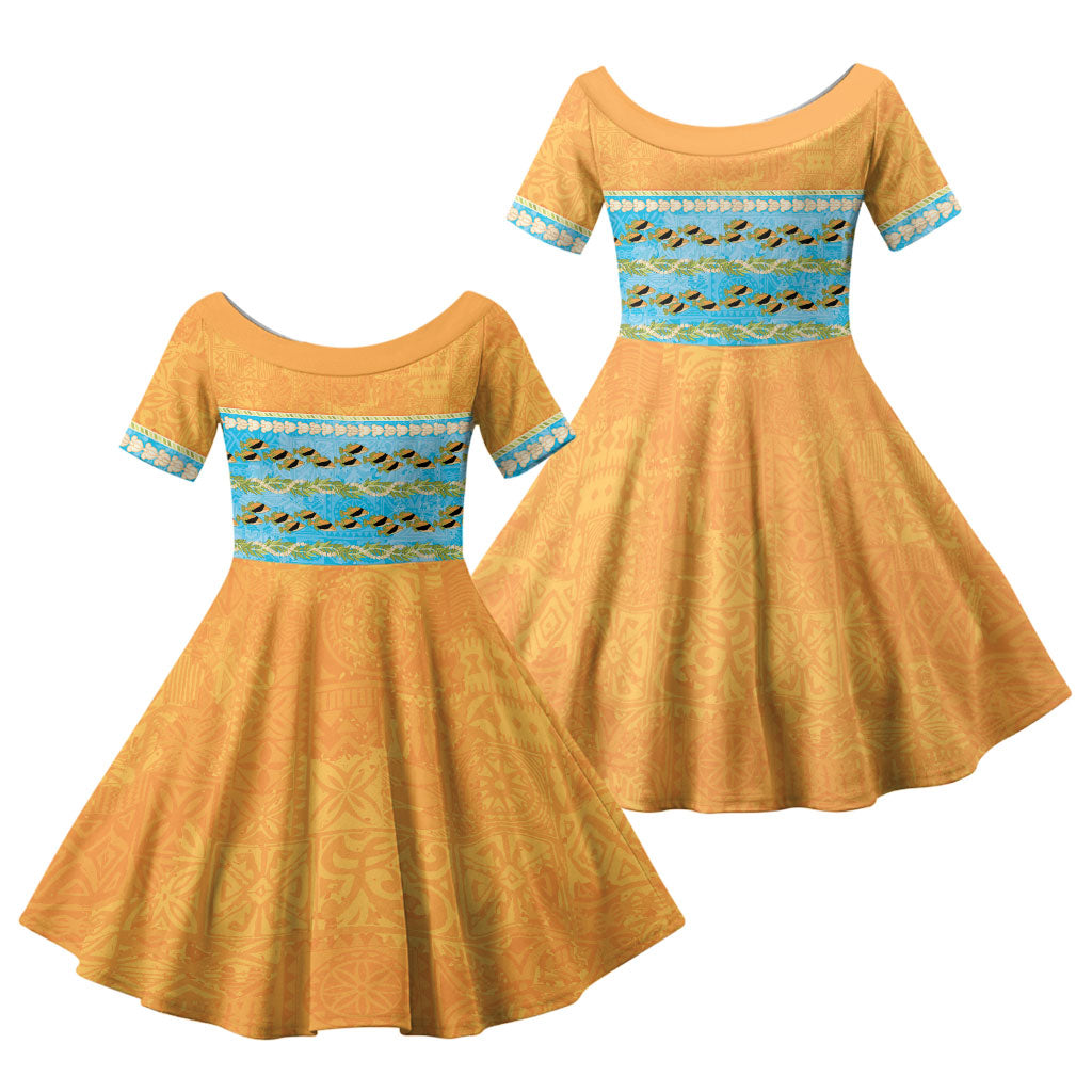 Hawaii Humuhumu Fish Maile Pikake Lei Family Matching Short Sleeve Bodycon Dress and Hawaiian Shirt Tribal Tapa Orange Version
