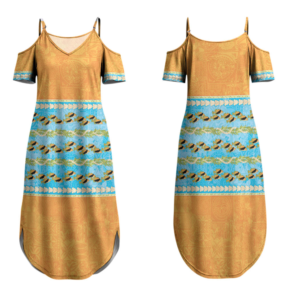 Hawaii Humuhumu Fish Maile Pikake Lei Family Matching Summer Maxi Dress and Hawaiian Shirt Tribal Tapa Orange Version